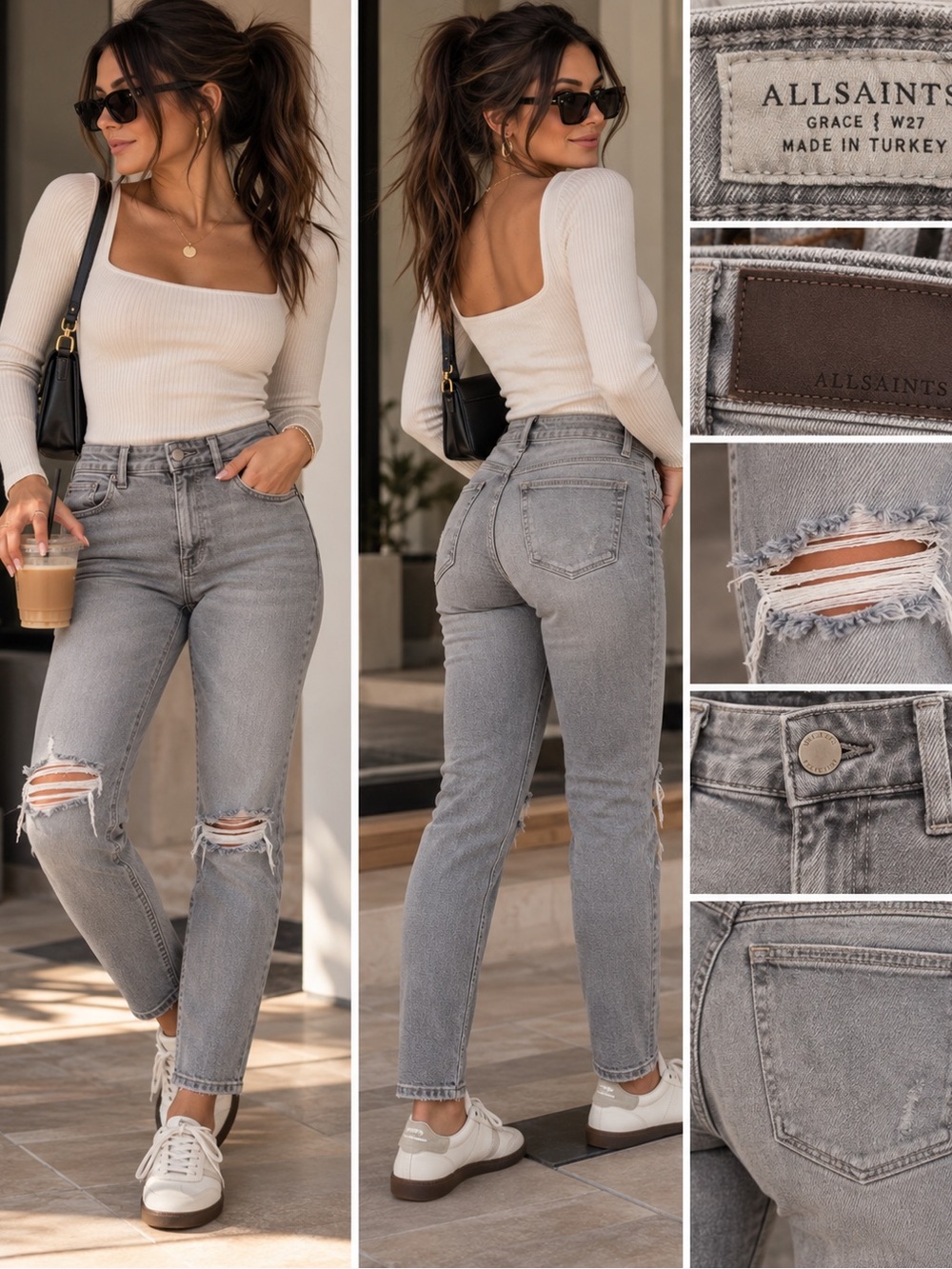 AllSaints Grace W27 Gray Distressed Skinny Jeans High Rise Stretch